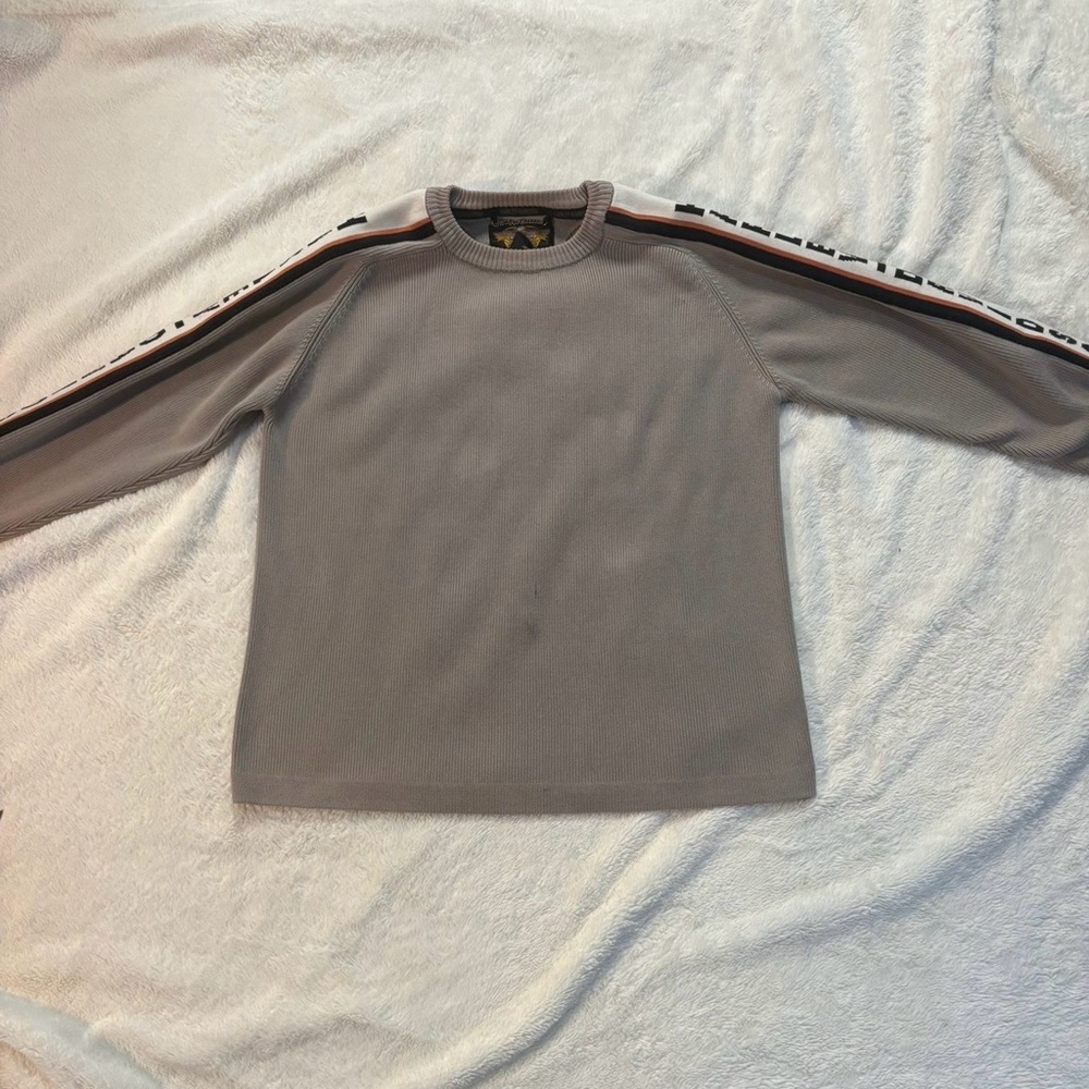Gray Long Sleeve Top with Striped Sleeves a very small stain in the raight sle